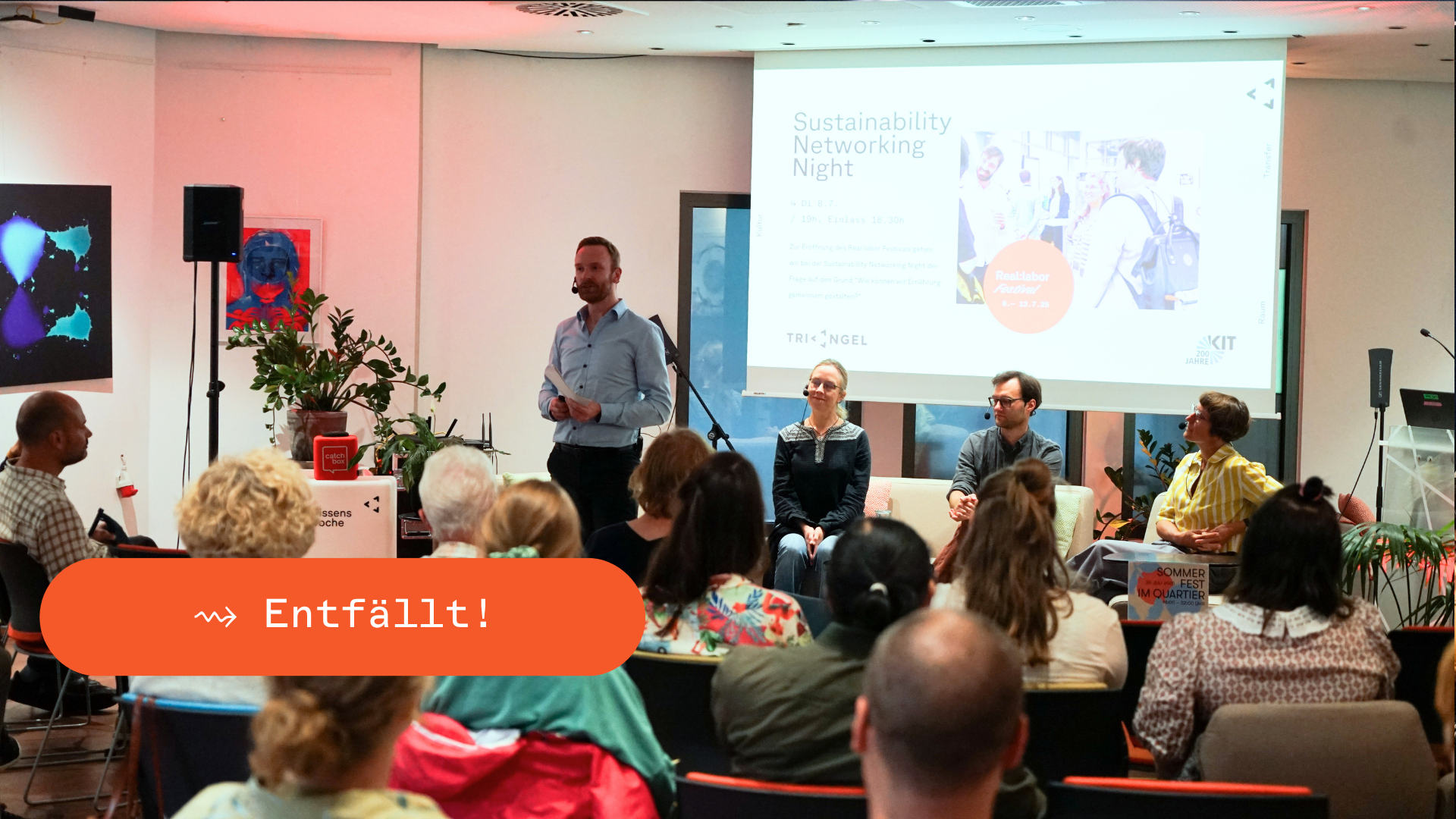 SNN_Entfällt Foto einer Sustainability Networking Night mit dem Hinweis "Entfällt"
